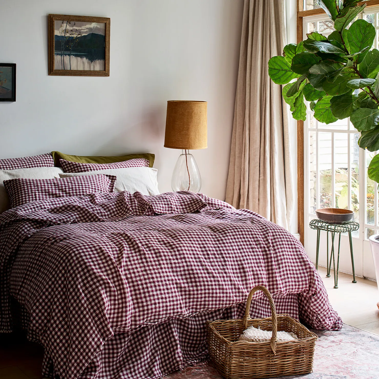 Gingham Bedding|Linen Bedding>Piglet in Bed Linen Blend Duvet Cover Berry Gingham