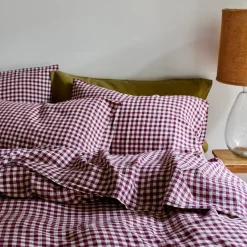 Gingham Bedding|Linen Bedding>Piglet in Bed Linen Blend Pillowcase (Pair) Berry Gingham