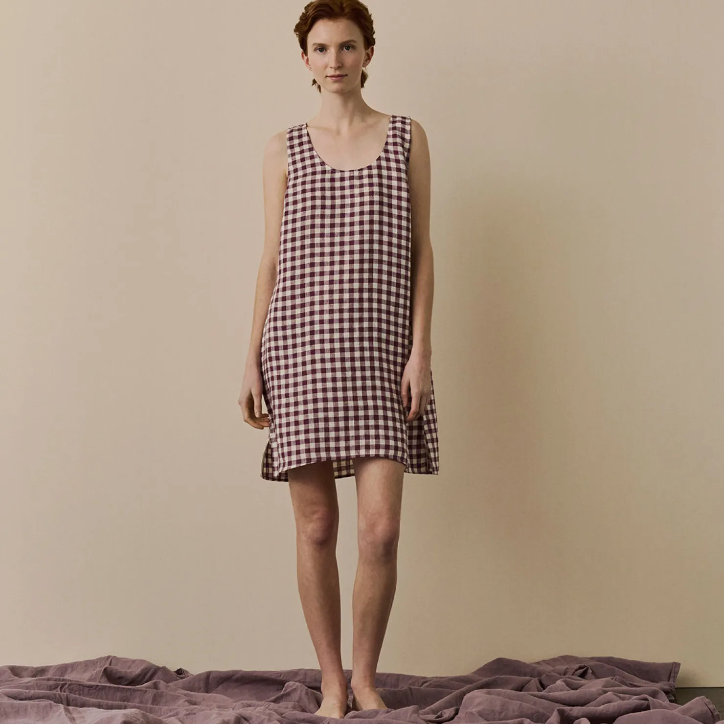 Night Dresses|Linen Pajamas>Piglet in Bed Linen Night Dress Berry Gingham