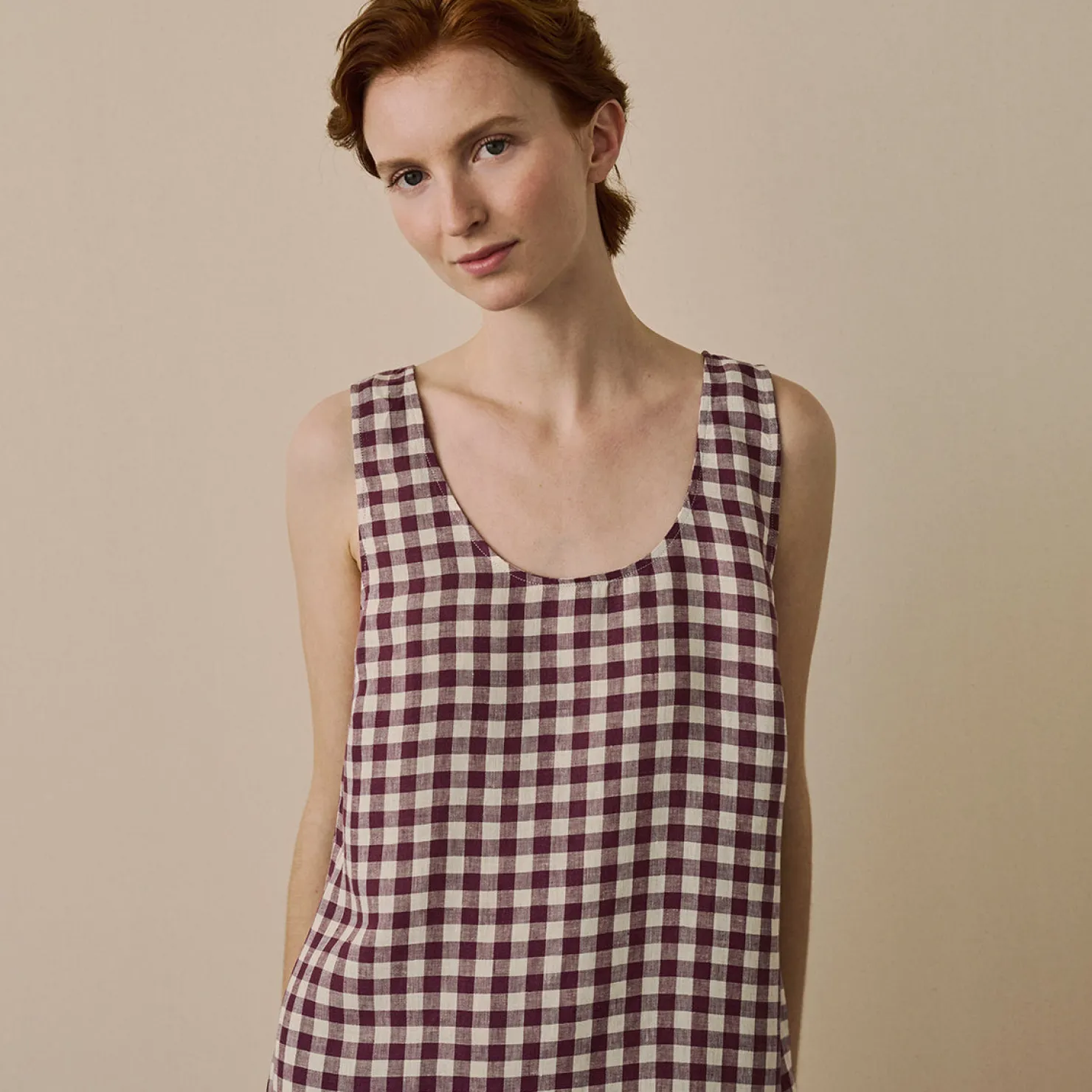 Night Dresses|Linen Pajamas>Piglet in Bed Linen Night Dress Berry Gingham