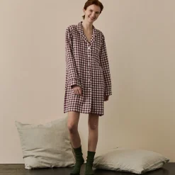 Night Dresses|Linen Pajamas>Piglet in Bed Linen Night Shirt Berry Gingham