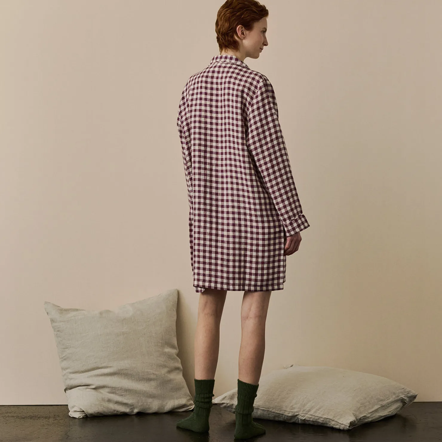 Night Dresses|Linen Pajamas>Piglet in Bed Linen Night Shirt Berry Gingham