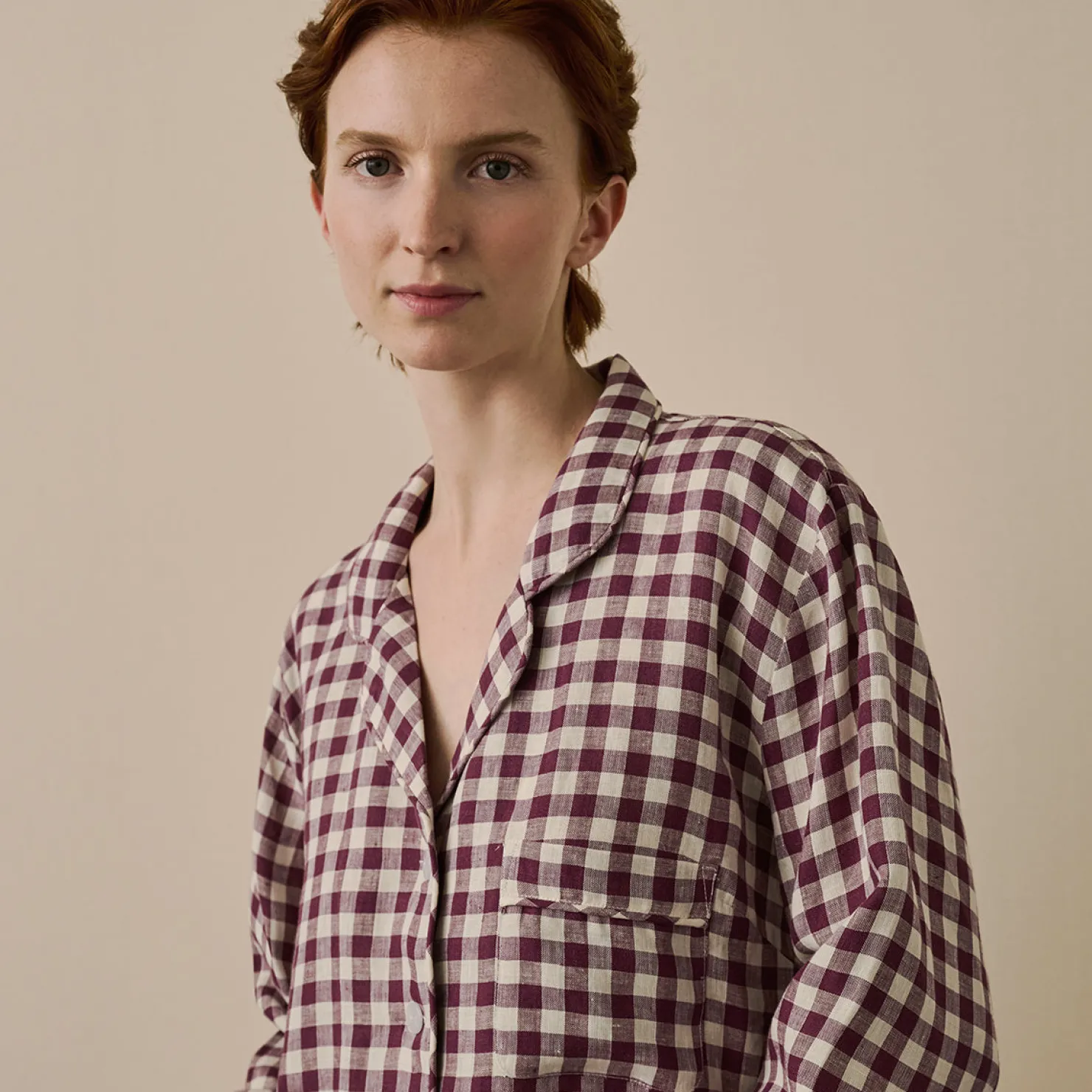 Night Dresses|Linen Pajamas>Piglet in Bed Linen Night Shirt Berry Gingham