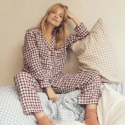 Linen Pajamas|Gingham Pajamas>Piglet in Bed Pajama pants Berry Gingham