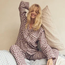 Pajama Sets|Linen Pajamas>Piglet in Bed Pajama Set Berry Gingham