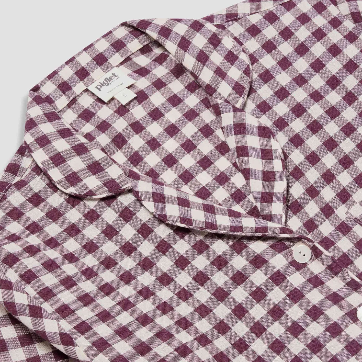 Linen Pajamas|Gingham Pajamas>Piglet in Bed Pajama Shirt Berry Gingham