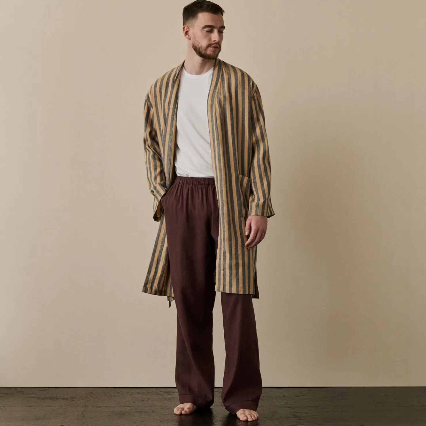 Linen Pajamas|Linen Pajamas>Piglet in Bed Blue & Porcini Striped Linen Robe