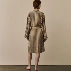 Linen Pajamas|Linen Pajamas>Piglet in Bed Blue & Porcini Striped Linen Robe