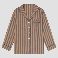 Linen Pajamas>Piglet in Bed d Linen Pajama Shirt Blue & Porcini Stripe