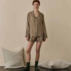 Pajama Sets|Linen Pajamas>Piglet in Bed d Linen Pajama Shorts Set Blue & Porcini Stripe