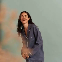 Linen Pajamas>Piglet in Bed Linen Pajama Shirt (Top Only) Blueberry