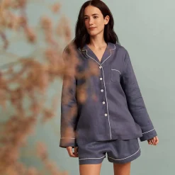 Linen Pajamas>Piglet in Bed Linen Pajama Shorts Blueberry