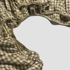 Gingham Bedding|Linen Bedding>Piglet in Bed 100% Linen Fitted Sheet Botanical Green Gingham
