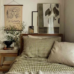 Gingham Pajamas|Gingham Bedding>Piglet in Bed 100% Linen Pillowcases (Pair) Botanical Green Gingham