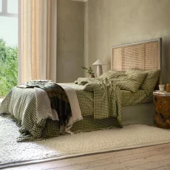 Linen Bedding|Gingham Bedding>Piglet in Bed Linen Blend Duvet Cover Botanical Green Gingham