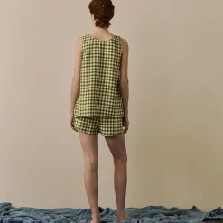 Linen Pajamas|Gingham Pajamas>Piglet in Bed Linen Cami Set Botanical Green Gingham