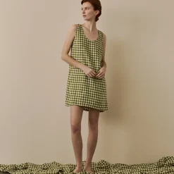 Night Dresses|Linen Pajamas>Piglet in Bed Linen Night Dress Botanical Green Gingham