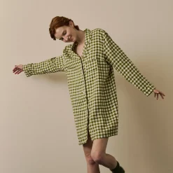 Night Dresses|Linen Pajamas>Piglet in Bed Linen Night Shirt Botanical Green Gingham