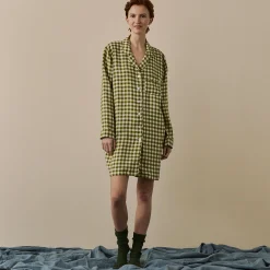 Night Dresses|Linen Pajamas>Piglet in Bed Linen Night Shirt Botanical Green Gingham
