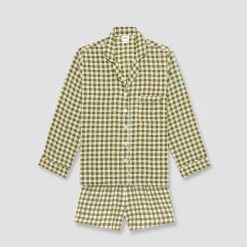Pajama Sets|Linen Pajamas>Piglet in Bed Linen Pajama Shorts Set Botanical Green Gingham
