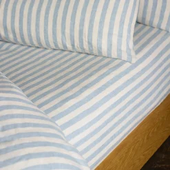 Striped Bedding|Fitted Sheets>Piglet in Bed 100% Linen Fitted Sheet Coastal Blue Pembroke Stripe