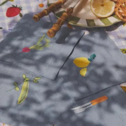 Table Linens>Piglet in Bed Embroidered Linen Coasters Set of 4 Dusk Blue