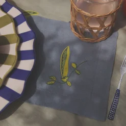 Table Linens>Piglet in Bed Embroidered Linen Coasters Set of 4 Dusk Blue