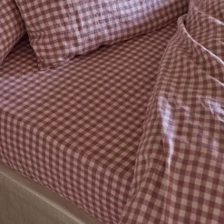 Gingham Bedding|Fitted Sheets>Piglet in Bed 100% Linen Fitted Sheet Elderberry Gingham