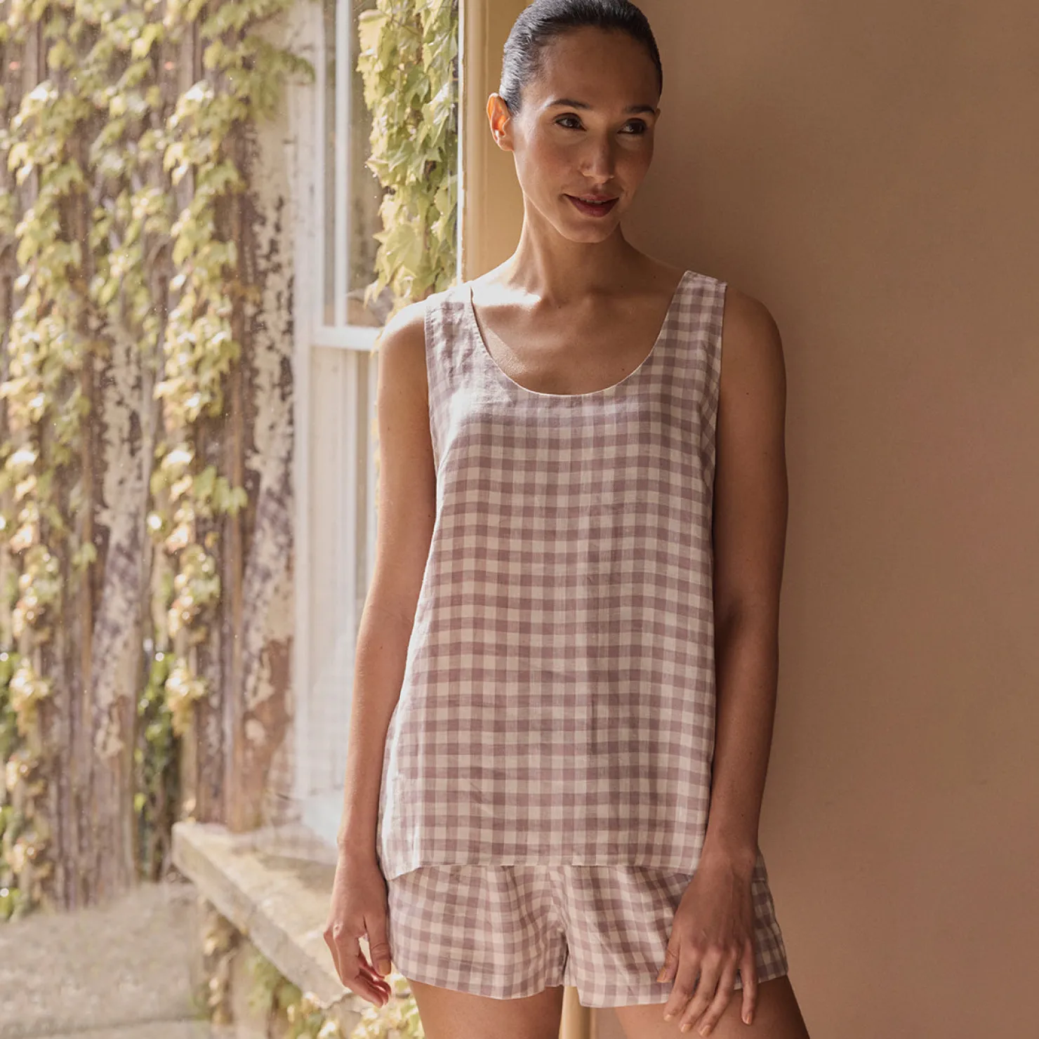 Linen Pajamas>Piglet in Bed Linen Women's Cami Set Elderberry Gingham