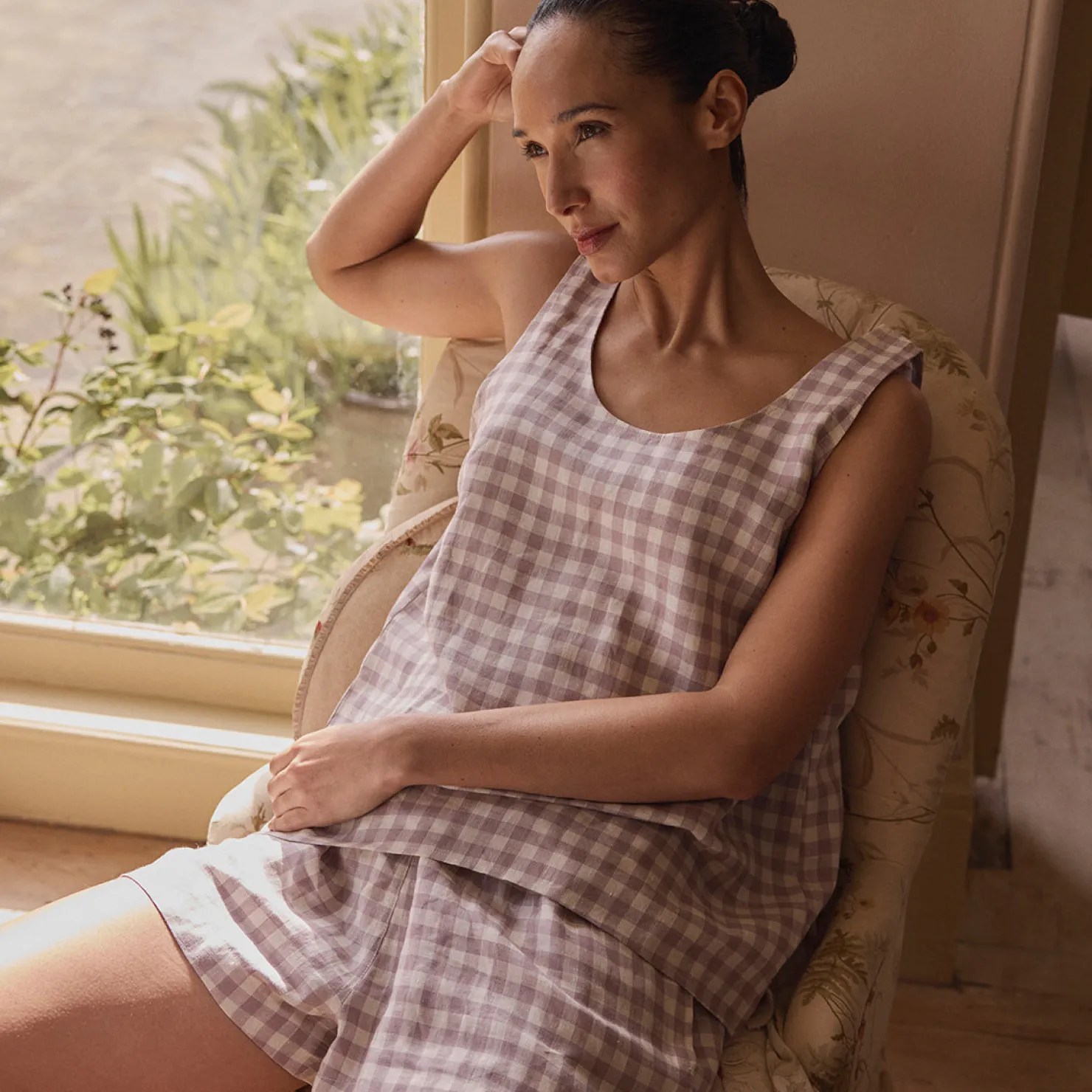 Linen Pajamas>Piglet in Bed Linen Women's Cami Set Elderberry Gingham