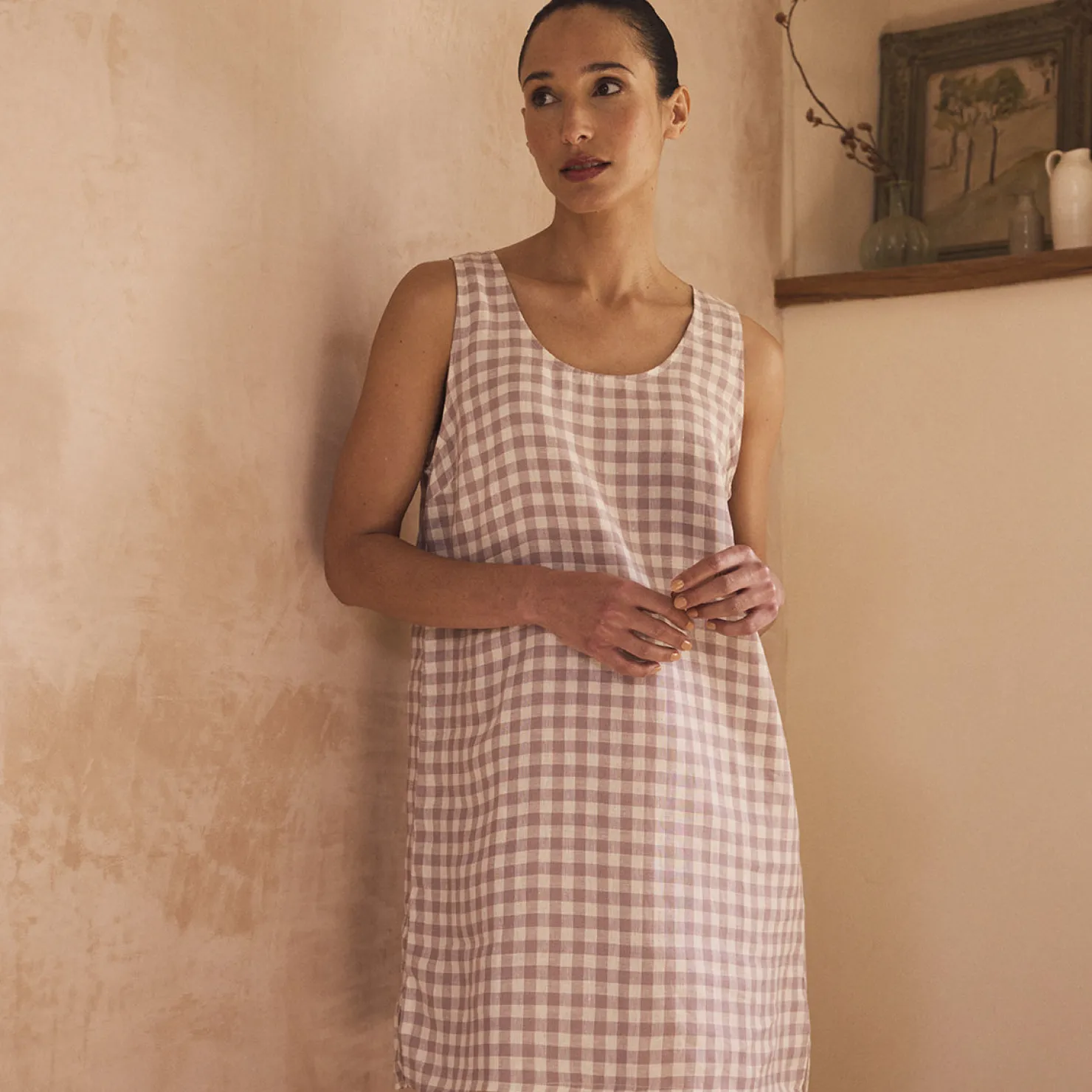 Night Dresses|Linen Pajamas>Piglet in Bed Linen Night Dress Elderberry Gingham