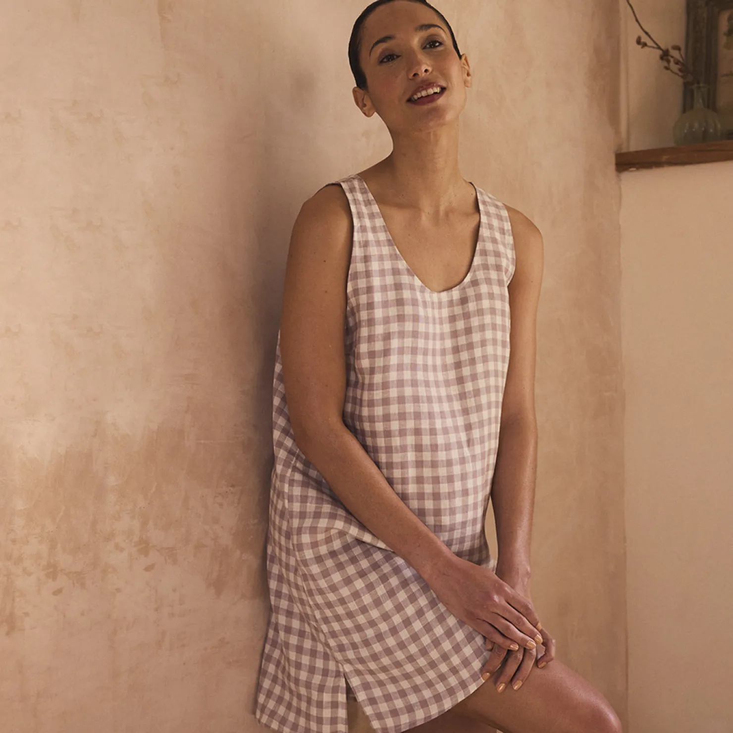 Night Dresses|Linen Pajamas>Piglet in Bed Linen Night Dress Elderberry Gingham
