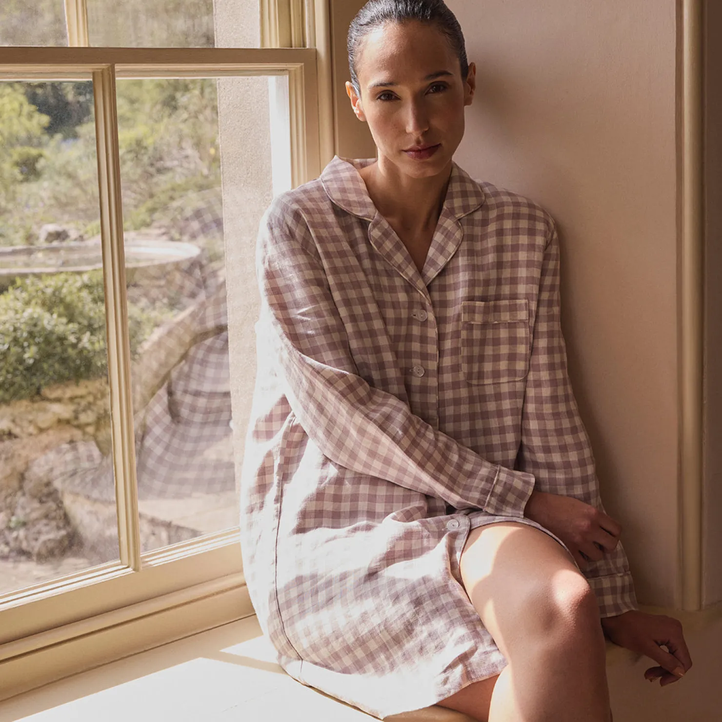 Linen Pajamas|Night Dresses>Piglet in Bed Linen Night Shirt Elderberry Gingham