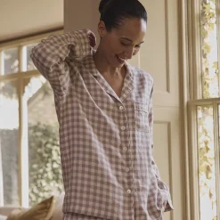 Linen Pajamas>Piglet in Bed Linen Women's Pajama Shirt Elderberry Gingham