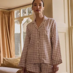Linen Pajamas>Piglet in Bed Linen Women's Pajama Shorts Elderberry Gingham