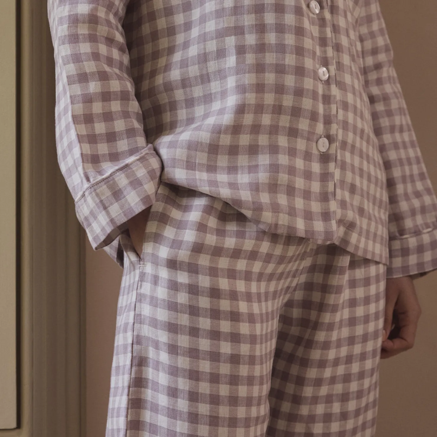 Linen Pajamas>Piglet in Bed Linen Women's Pajama pants Elderberry Gingham