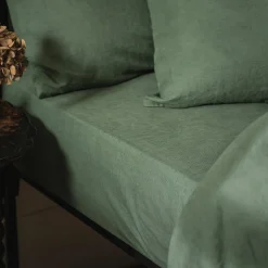 Linen Bedding|Fitted Sheets>Piglet in Bed Linen Blend Fitted Sheet Elm Green