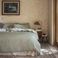 Striped Bedding|Linen Bedding>Piglet in Bed Linen Blend Duvet Cover Fern Green Pembroke Stripe