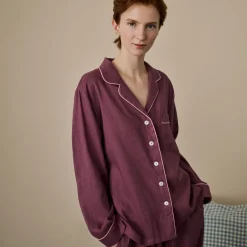 Linen Pajamas>Piglet in Bed Linen Pajama Shirt Fresh Fig