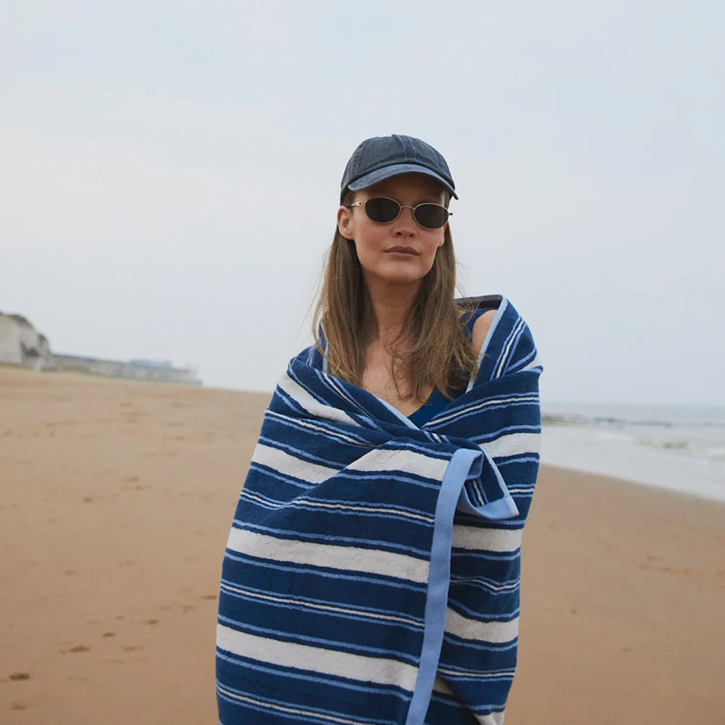 Striped Towels|Towels>Piglet in Bed Shoreham Stripe Cotton Towels Marina Blue