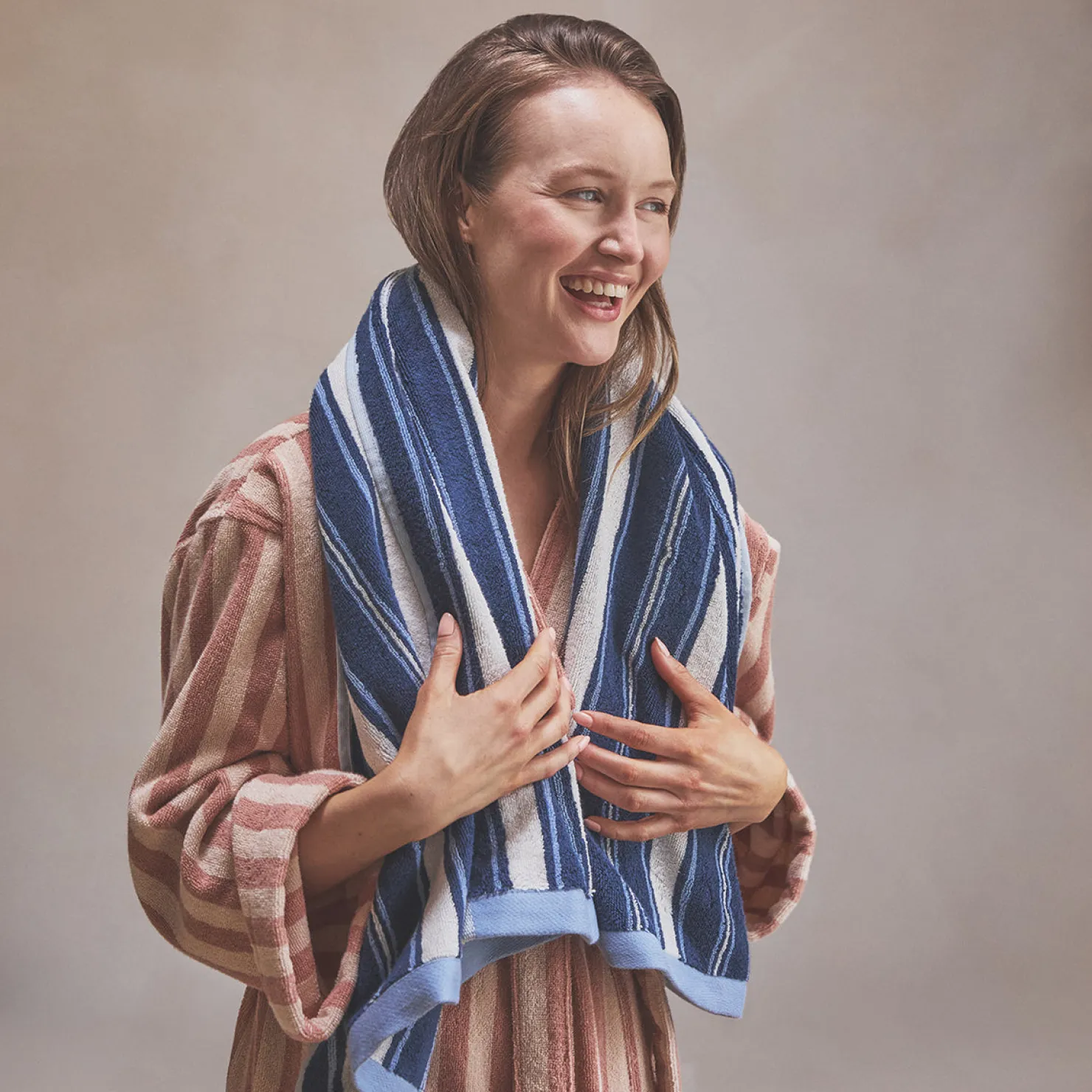 Striped Towels|Towels>Piglet in Bed Shoreham Stripe Cotton Towels Marina Blue