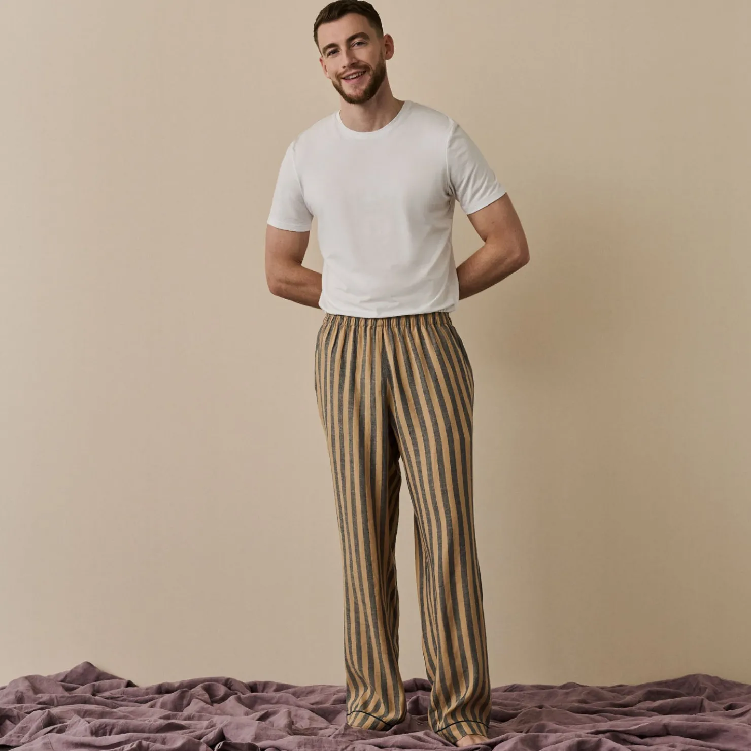 Linen Pajamas>Piglet in Bed Men's d Linen Pajama Pants Blue & Porcini Stripe