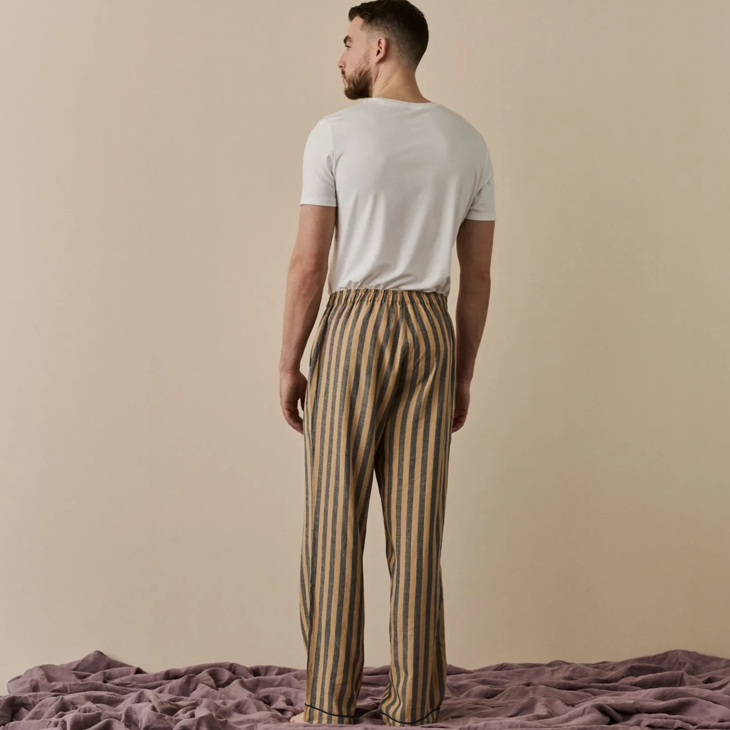 Linen Pajamas>Piglet in Bed Men's d Linen Pajama Pants Blue & Porcini Stripe