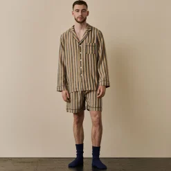 Linen Pajama Sets|Linen Pajamas>Piglet in Bed Men's d Linen Pajama Short Set Blue & Porcini Stripe
