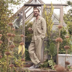 Linen Pajamas|Gingham Pajamas>Piglet in Bed Men's Linen Pajama Set Botanical Green Gingham