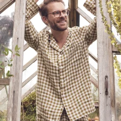 Gingham Pajamas|Linen Pajamas>Piglet in Bed Men's Botanical Green Gingham Linen Pajama Shirt (Top Only) Meadow Green