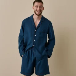 Linen Pajama Sets|Linen Pajamas>Piglet in Bed Men's Linen Pajama Short Set Marine Blue