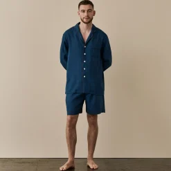 Linen Pajama Sets|Linen Pajamas>Piglet in Bed Men's Linen Pajama Short Set Marine Blue