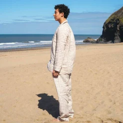 Linen Pajamas|Gingham Pajamas>Piglet in Bed Men's Mushroom Gingham Pajama Pants Moss