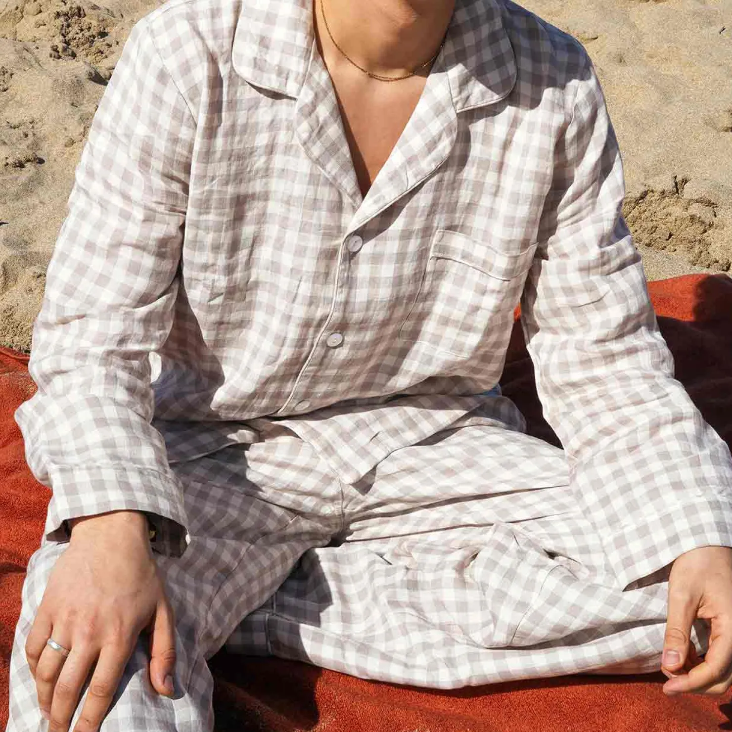 Linen Pajamas|Gingham Pajamas>Piglet in Bed Men's Mushroom Gingham Pajama Pants Moss